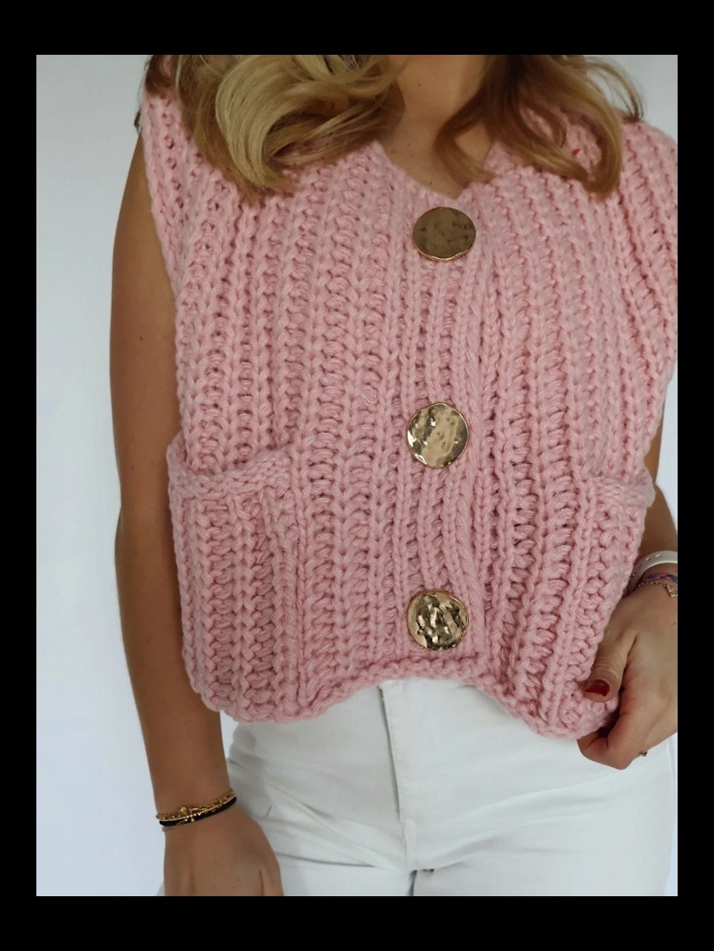 Chunky Pink Crochet Button Vest with Gold Accents